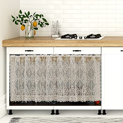 choicehot Ausschnitt Gehäkelte Scheibengardine Hohl Transparent Kurze Vorhänge Beige Vintage Bistrogardine Landhaus Baumwolle und Leinen Küchenvorhänge 1 Stück 45 x 150 cm (H x B)