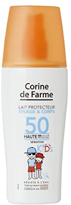 Corine de Farme, Lait Protecteur Soleil SPF50 UVA-UVB, Soin Solaire Visage et Corps Pour Enfants, Sans Parfum, Sans Paraben, Résistant à l’eau, 150 ml