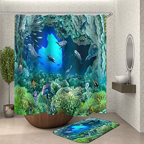 Chickw1 Rideau de Douche Boho Impression, Imperméable Polyester 3D Naturel Impression numérique Décorations de Salle de Bain Art Impression Rideau 12 Crochets (Corail sous-Marin,165x180cm)