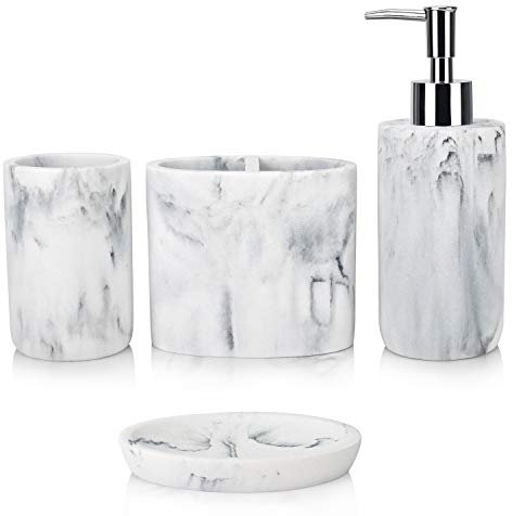 IACA Ensemble d'accessoires de Salle de Bain, 4 pièces en marbre Blanc avec Support de Brosse à Dents, Distributeur de Savon, gobelet, Porte-Savon pour décoration de Salle de Bain