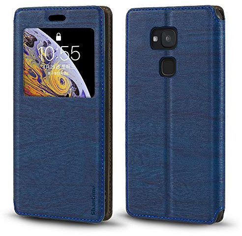 Funda de Cuero PU con Ventana Visible y Cierre Magnético Invisible Compatible con BQ Aquaris V, Cubierta Inteligente de Protección (Azul)