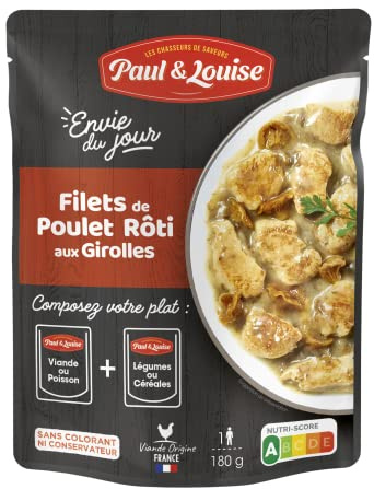 Paul & Louise Envie Du Jour - Filets de poulet rôti aux Girolles 180g - Sachet micro ondable - Prêt en 2 min - À combiner avec nos sachets d'accompagnements - Légumineuses ou Céréales