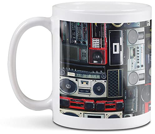 1 x 11oz (284ml) White Ceramic Mug Cup - Radios Cassette Player Retro Music Design for Coffee Tea Drinks Kitchen Birthday Office Fun #14242