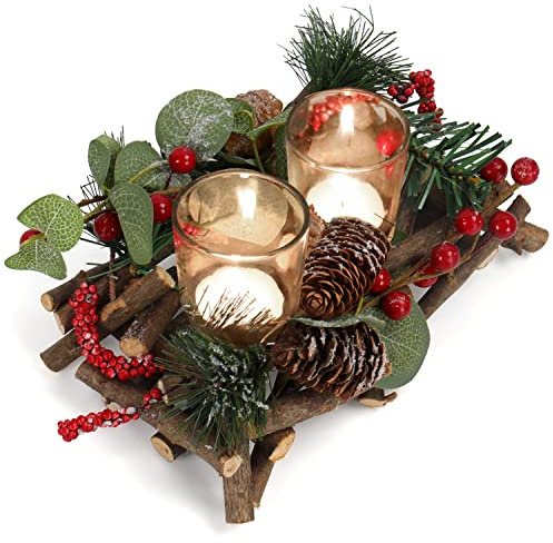 Belle Vous Porta Candele Natalizio Doppio Tealight - 14 x 22-2 Portacandele Votivi in Vetro - Ghirlanda Natalizia Artificiale con Pigne, Bacche Rosse e Fiocchi per Tavola e Centrotavola di Natale