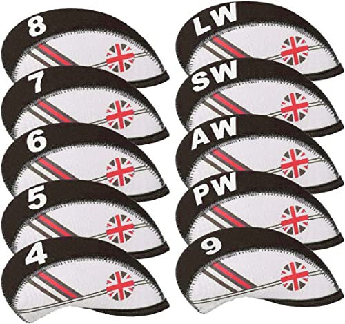 TOHMLAPE GOLF 10pcs White and Black UK Union Jack Flag Patterned Neoprene Golf Club Iron Head covers cover set Headcovers Protect Case With Large Number Tags