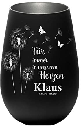 Trauerlicht - Für Immer in unserem Herzen Gravur mit Namen und Datum - Gedenklicht Erinnerungslicht Grablicht Trauergeschenk Sternenkind (schwarz/Silber)