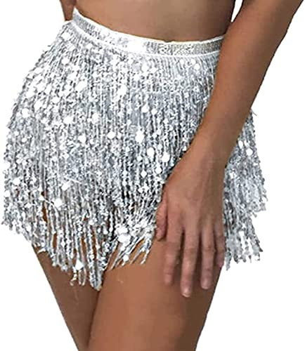Damen Rave Fransen Rock Mit Pailletten Und Quaste - Bauchtanz Kostüm Mini Rock Hüftschal Outfit für Frauen Und Mädchen (Silber, One Size)
