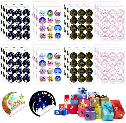 480 pcs Eid Mubarak Aufkleber Sticker,40 Sheets Rund Geschenkaufkleber Selbstklebende Ramadan Sticker,Etiketten Aufkleber für Ramadan Muslim Geschenke Verpackung