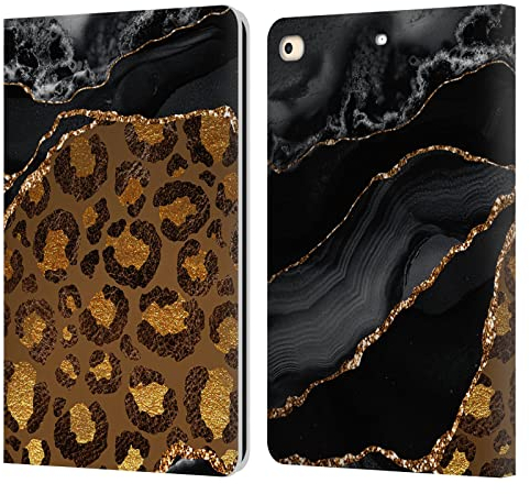 Head Case Designs Offizielle UtArt Dunkelvergoldeter Leopard Wildkatze Marmor Leder Brieftaschen Handyhülle Hülle Huelle kompatibel mit Apple iPad 9.7 2017 / iPad 9.7 2018