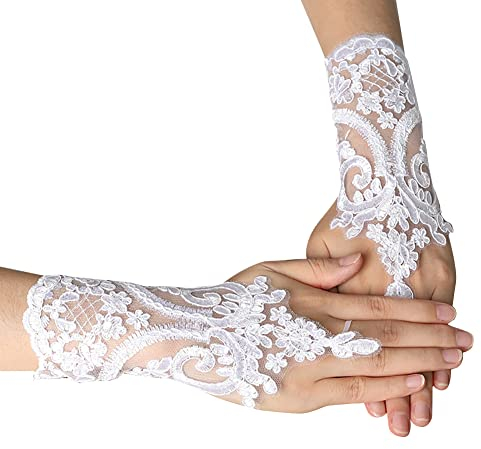 Wooauto Spitze Hochzeitshandschuhe Braut Handschuhe Armstulpen Zarte Fingerlose Spitzenhandschuhe Elegante Blumenhandschuhe Brauthandschuhe für Abendparty Abschlussball Oper Bankett Cocktail,Weiss