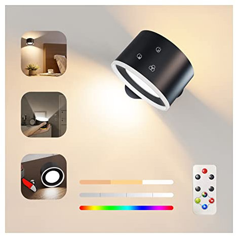 Feallive Lámpara de Pared, Aplique con Mando a Distancia Ambiental RGB Regulable con Batería Recargable, Función de Temporizador de 1 Hora con Control Táctil 360° Giratoria (Negro + Luz de colores)