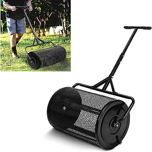 24 Zoll Kompoststreuer, Torfmoos Streuer, Miststreuer Walze,Mit Verstellbarem Langem Griff, Langlebiges Leichtgewicht für Kompost, Dünger, Saat, Torf, Rasen und Gartenstreuer