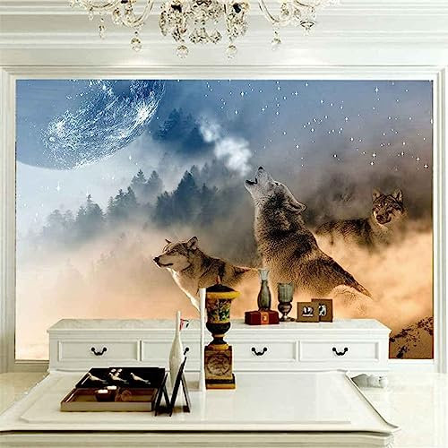 GIVLWF Papier Peint de 3D Animal Loup Créatif, Loup Hurlant à La Lune Panoramique Déco Mural - pour Salon Chambre D'Enfant Décoration Murale 150 x 105 cm