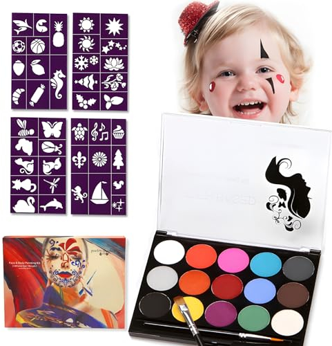 ZZQVIP - 15 Farben Schminkfarben Kinderschminke Set, Make-up & Gesichtsfarben, Waschbar Face Paint, Bodypaint Schminkset mit 4 Vier Tattoo-Vorlagen, Wasserlösliche Gesichtsfarbe für Kinder