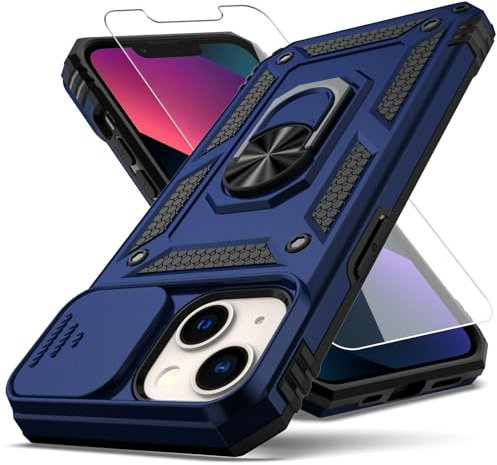 YZOK for iPhone 13 Case,with Camera Lens Cover HD Screen Protector,[Military Grade] Ring Car Mount Kickstand Hybrid Hard PC Soft TPU Shockproof Protective Case for iPhone 13-Blue