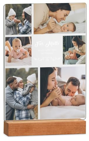 Maverton beleuchteter LED-Rahmen mit Foto, personalisiertes Acryl Glasbild | Personalisiertes Acrylglasbild mit Holzständer mit LED-Beleuchtung, Glasfoto für Frauen zum Geburtstag, Muttertag