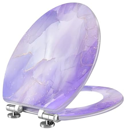 WHFEOIV9RE Elongated Toilet Seat Violet Lavender Liquid Watercolor Marble Golden Lines Pastel Purple Resin Slow Quiet Close with Quick-Release Hinges Easy to Clean Install