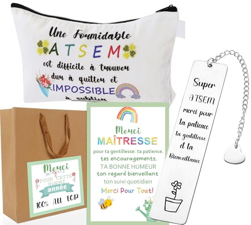 Pochette Cadeau Atsem+Marque Page Atsem Cadeau de Fin d'année - Cadeau Noël Atsem - Rentrée des Classes - Merci Atsem Anniversaire Maîtresse