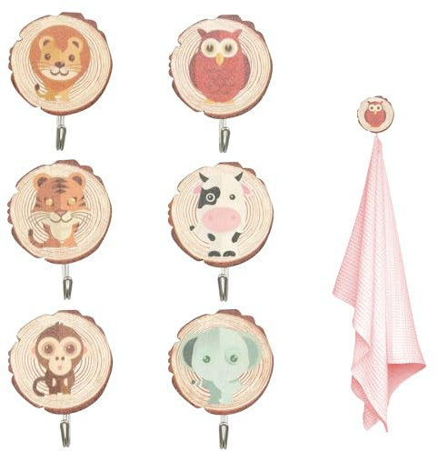 XoeLLe Ganchos de Pared para Infantil, 6 Piezas Perchero Infantil Autoadhesivo Colgador de Pared Madera para Niños Ganchos Adhesivos Animales Gancho para Habitación de Los Niños, Baño, Guardarropa
