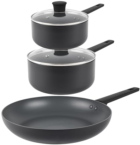 Russell Hobbs COMBO-8809 3 Piece Pan Set – 16/20 cm Saucepans, 28 cm Frying Pan, Non-Stick, Induction, Includes Glass Lids, Little/No Oil, Soft-Touch Handles, High Performance, Shield Collection