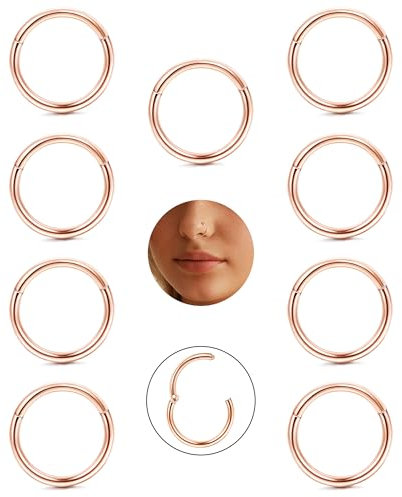 CASSIECA 9pcs 16G Piercing Nez Anneaux Acier Chirurgical 316L Piercing Conch Piercing Septum Nez Anneaux Helix Or Rose Helix Rook Tragus Daith 10mm