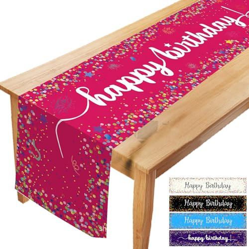 LUKIUP Tischläufer Geburtstag, Rosarot Linen Tablecloth, 183 x 33 cm, Happy Birthday Geburtstag Junge and Mädchen Tischläufer, Geburtstagstisch Deko Bunt, Happy Birthday Celebration