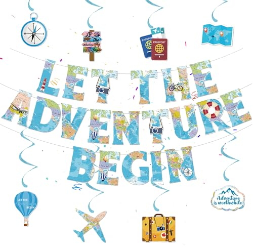Let the Adventure Begin Banner - 28 Stück Reise Motto Partydekoration, Partyzubehör um Thema Weltreisen, Hängende Wirbel, Party Dekoration für Männer Frauen Ruhestand, Abschlussfeier, Abschiedsparty