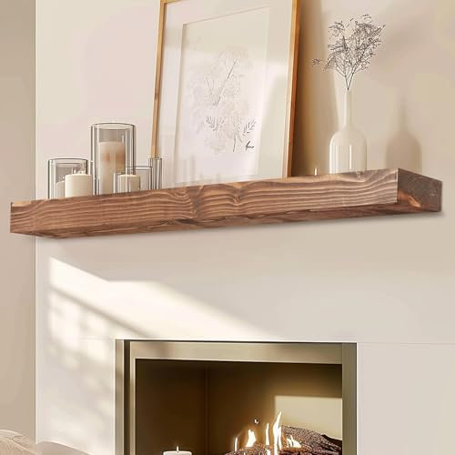 YLYHSST Chimenea de 60 pulgadas, 3 pulgadas de grosor, hecha a mano de madera maciza rústica, estante flotante largo de pared con soporte de metal invisible, color marrón