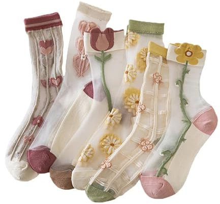 Alxad Chaussettes Transparentes Vintage à Fleurs - Jolies Socquettes en Maille Broderie de Verre - Fines d'été Fantaisie pour Femmes et Filles 5 Paires