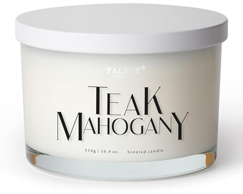 Duftkerze, TALENT Candles, 100% natürliches Sojawachs, 3 Dochte, Duftkerzen als Geschenk für Frauen und Männer, Aromatherapie, Einweihungskerzen, 10,93 oz Glaskerze, Teak-Mahagoni