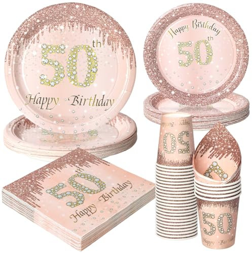 PARTY GO 96 Pcs Happy 50th Birthday Tableware Set, Rose Gold Paper Plates Cups and Napkins, Disposable Dinnerware Party Decorations for Women,Men 50th Birthday Party Supplies Serve 24 Guests