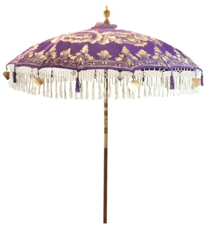 Oriental Galerie Sonnenschirm Bali Schirm 180 cm Lila Gold Bemalung Fransen, Gartenschirm Baumwolle Sonnenschutz Handarbeit Dekoschirm Model Alice