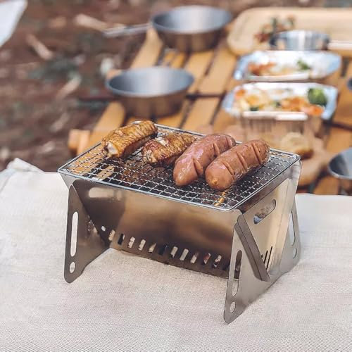 Parrilla de carbón de mesa de tamaño pequeño, parrilla de carbón, horno portátil de acero inoxidable + cepillo + clip + bolsa