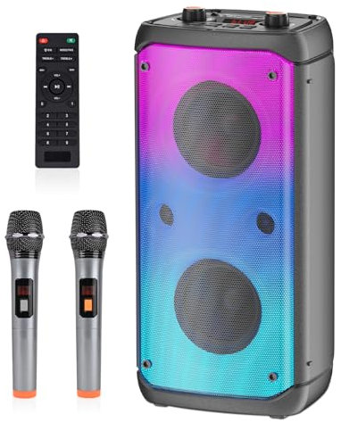 TAMPROAD Karaoke Machine with 2 Wireless Microphones, Portable Karaoke Machine for Adults & Kids, PA System with LED Lights, Karaoke Bluetooth Speaker Supports for TF Card/USB, AUX In, FM, REC,TWS
