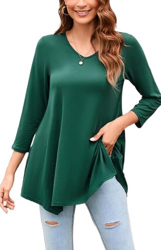 Enmain Tunika Damen Grün Langarm 3/4 Ärmel V Ausschnitt Longbluse Lange Oberteile für Frauen Große Größen Shirt Blusen Tuniken,3XL