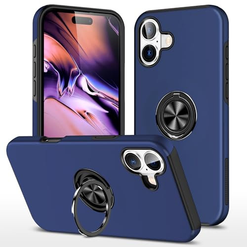 XYZNTMF for iPhone 16 Case Built-in Ring Holder Shockproof iPhone 16 Phone Case Silicone Bumper Matte Hard PC Shell Magnetic Car Mount Protective Skin Cover, Blue