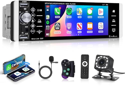 Rimoody Radio de Coche 1 DIN Inalámbrica Carplay Android Auto, 5,1 Pulgadas Pantalla Táctil HD Radio Coche con Bluetooth Mirror Link FM/Am/RDS/EQ/AUX/TF/U Disco Control del Volante Cámara Trasera