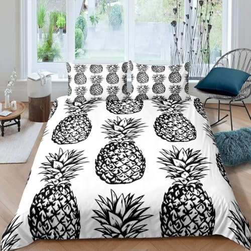 BSYYZQC BettwäSche 135x200 Ananas Druck Bettbezug Luxuriös Flauschig mit ReißVerschluss Linie Zeichnung BettwäSche-Sets 2 Teilig Set Weiche Atmungsaktiv Mikrofaser BettbezüGe und 2 Kissenbezug