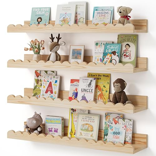 Shario Schweberegale aus Holz, 58 cm, gewellt, Wandregale für Kinderzimmer, Kleinkindzimmer, Babyzimmer, Kinderzimmer, Dekoration, 4 Stück