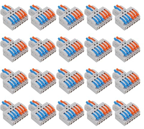 Dealikee 20 Stück Verbindungsklemme, 2 in 6 Out Quick Wire Connectors, Electrical Lever Nuts Wire Connectors Push-in Conductor Terminal Block AWG 28-12