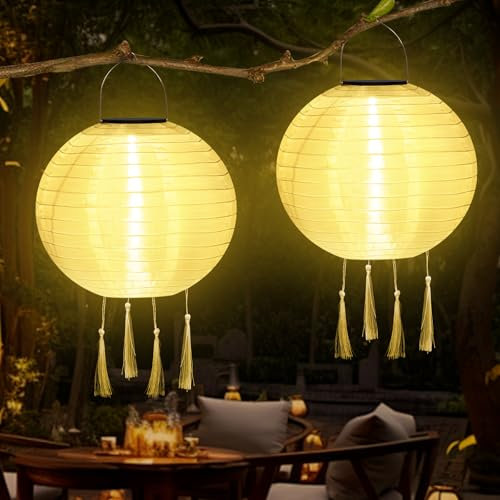 YIFMOO Solar Lampions, 2 Stück 25 CM Lampions Außen Wetterfest, Solar LED Wasserdicht Laterne mit 4 Quaste, Nylon Hängende Solarlampions für Gärten, Höfen, Balkonen, Hochzeit Dekoration (Warmweiß)