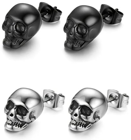 EAVUYIS 2 Paar Halloween Karneval Totenkopf Piercing Ohr Herren Ohrringe Schädel Ohrstecker Edelstahl Hip Hop Punk Jazz Ohr Schmuck Punk Edelstahl Ohrstecker Totenkopf Ohrringe Rock