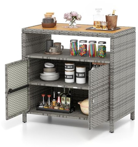 COSTWAY Armoire de Rangement Exterieur en Rotin, Armoire de Jardin avec Plateau en Bois d'Acacia Compartiment Ouvert Buffet à 2 Portes, Organisateur de Rangement pour Piscine Terrasse (Gris)