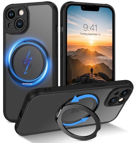 Telaso Cover per iPhone 13 Mini 5.4, Compatibile con MagSafe, Supporto Invisibile Ruotabile a 360°, Magnetica Custodia per iPhone 13 Mini, Traslucida Opaca, Anti-impronta Antiurto Antigraffio, Nero