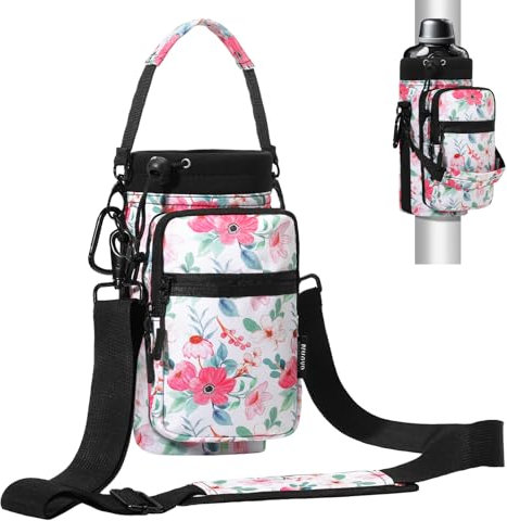 Nuovoware Magnetic Gym Bag Water Bottle Carrier Holder with Adjustable Shoulder Strap, 1000ml Magnets Magnetic Gym Bag Bottle Pouch Sling, 2 Pocket Sling Neoprene Organizer Sleeve, Floral Pink
