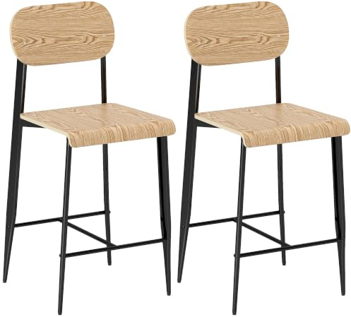 HOMCOM Barhocker 2er Set mit Fußstütze 66 cm Barstuhl Naturholz+Schwarz | Metallgestell, Küchenstuhl, Tresenhocker, Einfache Montage, Industrie-Design