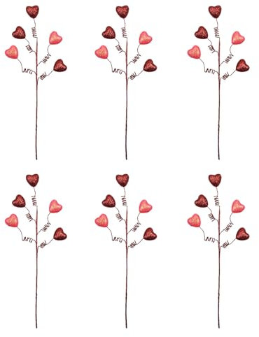 Klaisy 6 x künstliche Pflanzen mit Herzstielen, für Hochzeit, Dekoration, Valentinstag, Herz, Stiel, Plektrum