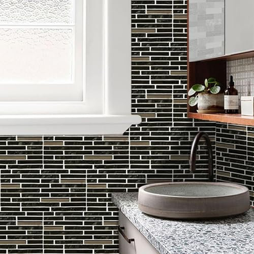 Panneau Mural Salle de Bain Pvc Marbre Noir Dalle Pvc Adhesive Murale Credence Adhesive pour Cuisine Imperméable Crédence Adhésive Salle de Bain 15x30cm/50 Pcs