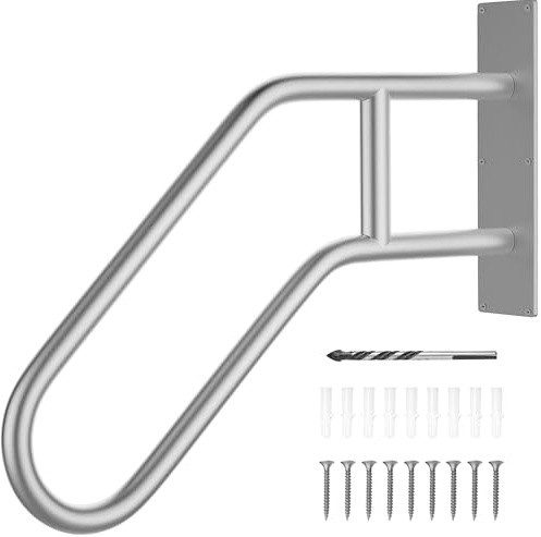 OUUTMEE Handrail for Outdoor Steps, Wall-Mounted U-Shaped Stair Handrail | Heavy Duty Grab Bar for 1-3 Steps – Matte Black Finish Hand Railing Grip for Children, Senior, Pregnant, Disabled (Silver)