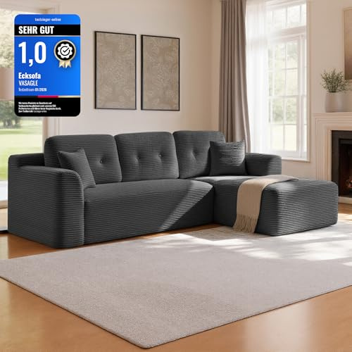 VASAGLE Canapé d’Angle, Canapé Modulable 244 cm, Livré Compressé en Colis, sans Montage, avec Grande Méridienne à Droite, pour Salon, Chambre d’Amis, Gris Ardoise LCS184GN01